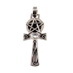 Solid 925 Sterling Silver Egyptian Ankh Pendant with Pentacle & Gemstone